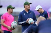 16 October 2019; Head coach Rassie Erasmus, centre, technical analyst Lindsay Weyer, left, and defence consultant Felix Jones during South Africa squad training at Fuchu Asahi Football Park in Tokyo, Japan. Photo by Ramsey Cardy/Sportsfile