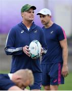 16 October 2019; Head coach Rassie Erasmus, left, and defence consultant Felix Jones during South Africa squad training at Fuchu Asahi Football Park in Tokyo, Japan. Photo by Ramsey Cardy/Sportsfile