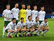 15 October 2019; Republic of Ireland players, back row, from left, James McClean, Shane Duffy, Darren Randolph, John Egan, James Collins and Alan Browne, front row, from left, Aaron Connolly, Seamus Coleman, Jeff Hendrick, Glenn Whelan and Enda Stevens prior to the UEFA EURO2020 Qualifier match between Switzerland and Republic of Ireland at Stade de Genève in Geneva, Switzerland. Photo by Seb Daly/Sportsfile