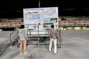 16 October 2019; Members of the media look at the plans for the Ariake Gymnastics Centre, Tokyo 2020 Summer Olympic Games venue for gymnastics, during the Tokyo 2nd World Press Briefing venue tour ahead of the 2020 Tokyo Summer Olympic Games. The Tokyo 2020 Games of the XXXII Olympiad take place from Friday 24th July to Sunday 9th August 2020 in Tokyo, Japan, the second Summer Olympics Games to be held in Tokyo, the first being 1964. Photo by Brendan Moran/Sportsfile