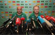 17 October 2019; Captain Rory Best, left, and head coach Joe Schmidt during an Ireland rugby press conference at the Hilton Tokyo Bay in Urayasu, Aichi, Japan. Photo by Ramsey Cardy/Sportsfile