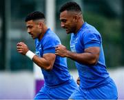 17 October 2019; Sevu Reece, right, and Richie Mo’unga during a New Zealand All Blacks squad training session at Tatsuminomori Seaside Park in Tokyo, Japan. Photo by Brendan Moran/Sportsfile