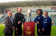 17 October 2019; Dundalk first team coach John Gill, Chris Shields of Dundalk FC, Bastien Hery of Linfeild FC and Linfeild FC assistant manager Ross Oliver in attendance at the Unite the Union Champions Cup launch at Windsor Park, Belfast. Photo by Mark Marlow/Sportsfile
