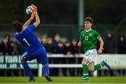 17 October 2019; Kevin Zefi of Republic of Ireland has a shot on goal saved by Raivo Sturinš of Latvia during the Under-15 UEFA Development Tournament match between Republic of Ireland and Latvia at Solar 21 Park, Castlebar, Mayo. Photo by Eóin Noonan/Sportsfile