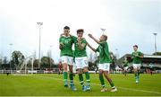 17 October 2019; Adam Nugent of Republic of Ireland, left, celebrates with team-mates, Kevin Zefi, centre, and Caden McLoughlin after scoring his side's third goal of the game during the Under-15 UEFA Development Tournament match between Republic of Ireland and Latvia at Solar 21 Park, Castlebar, Mayo. Photo by Eóin Noonan/Sportsfile