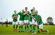 17 October 2019; Adam Nugent of Republic of Ireland, centre, celebrates with team-mates after scoring his side's second goal of the game during the Under-15 UEFA Development Tournament match between Republic of Ireland and Latvia at Solar 21 Park, Castlebar, Mayo. Photo by Eóin Noonan/Sportsfile