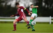 17 October 2019; Luke O'Brien of Republic of Ireland is tackled by Ivans Patrikejevs of Latvia during the Under-15 UEFA Development Tournament match between Republic of Ireland and Latvia at Solar 21 Park, Castlebar, Mayo. Photo by Eóin Noonan/Sportsfile