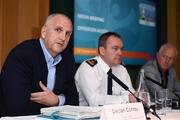 18 October 2019; Declan Conroy, Project Leader, UEFA EURO 2020, Dublin, left, Superintendent Tim Burke, Donnybrook Garda Station, and Barry Kenny, Iarnród Éireann Head of Corporate Communications, right, during a media briefing, at the Aviva Stadium, where it was announced Lansdowne Road DART Station will close temporarily on the evening of Monday, 18th November for the UEFA EURO 2020 Qualifying match between Republic of Ireland and Denmark. This closure, which will take place between 5.30pm and 11pm, is part of a trial operational exercise ahead of the Aviva Stadium’s hosting of four games during UEFA EURO 2020 next summer. DART services will continue as scheduled, but passengers will be required to disembark at either Grand Canal Dock DART Station or Sandymount DART Station during the closure. The matches at EURO 2020 will have different profiles, requirements, mobility patterns, and ticketing systems to a normal game at Aviva Stadium. Following reviews at UEFA Tournament and Finals, UEFA has made a recommendation to increase the size of the Outer Perimeter in order to ensure there is no congestion in all areas around the Aviva Stadium.  Photo by Stephen McCarthy/Sportsfile