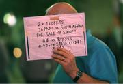 18 October 2019; A supporter selling match tickets in Tokyo ahead of the 2019 Rugby World Cup Quarter-Final match between Ireland and New Zealand. Photo by Ramsey Cardy/Sportsfile