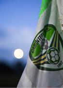 18 October 2019; A detailed view of the Cabinteely crest printed onto the corner flag prior to the SSE Airtricity League First Division Promotion / Relegation Play-off Series First Leg match between Cabinteely and Drogheda United at Stradbrook Road in Blackrock, Dublin. Photo by Eóin Noonan/Sportsfile