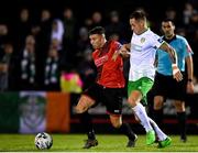 18 October 2019; Chris Lyons of Drogheda United in action against Jack Tuite of Cabinteely during the SSE Airtricity League First Division Promotion / Relegation Play-off Series First Leg match between Cabinteely and Drogheda United at Stradbrook Road in Blackrock, Dublin. Photo by Eóin Noonan/Sportsfile