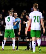 18 October 2019; Conor Keeley of Cabinteely protests to referee Adriano Reale during the SSE Airtricity League First Division Promotion / Relegation Play-off Series First Leg match between Cabinteely and Drogheda United at Stradbrook Road in Blackrock, Dublin. Photo by Eóin Noonan/Sportsfile