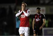 18 October 2019; Chris Forrester of St Patrick's Athletic reacts to a missed shot at goal during the SSE Airtricity League Premier Division match between St Patrick's Athletic and Bohemians at Richmond Park in Dublin. Photo by Harry Murphy/Sportsfile