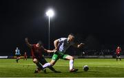 18 October 2019; Conor Keeley of Cabinteely is tackled by Chris Lyons of Drogheda United during the SSE Airtricity League First Division Promotion / Relegation Play-off Series First Leg match between Cabinteely and Drogheda United at Stradbrook Road in Blackrock, Dublin. Photo by Eóin Noonan/Sportsfile