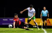 18 October 2019; Robert Manley of Cabinteely is tackled by James Brown of Drogheda United during the SSE Airtricity League First Division Promotion / Relegation Play-off Series First Leg match between Cabinteely and Drogheda United at Stradbrook Road in Blackrock, Dublin. Photo by Eóin Noonan/Sportsfile