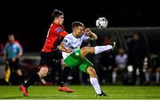 18 October 2019; Villius Labutis of Cabinteely in action against Jake Hyland of Drogheda United during the SSE Airtricity League First Division Promotion / Relegation Play-off Series First Leg match between Cabinteely and Drogheda United at Stradbrook Road in Blackrock, Dublin. Photo by Eóin Noonan/Sportsfile