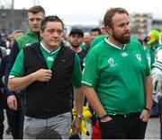 19 October 2019; Golfer Shane Lowry, right, his manager Conor Ridge, and hurler Joe Canning arrive for the 2019 Rugby World Cup Quarter-Final match between New Zealand and Ireland at the Tokyo Stadium in Chofu, Japan. Photo by Ramsey Cardy/Sportsfile