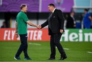 19 October 2019; Ireland head coach Joe Schmidt, left, with New Zealand head coach Steve Hansen before the 2019 Rugby World Cup Quarter-Final match between New Zealand and Ireland at the Tokyo Stadium in Chofu, Japan. Photo by Ramsey Cardy/Sportsfile