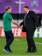 19 October 2019; Ireland head coach Joe Schmidt, left, with New Zealand head coach Steve Hansen before the 2019 Rugby World Cup Quarter-Final match between New Zealand and Ireland at the Tokyo Stadium in Chofu, Japan. Photo by Ramsey Cardy/Sportsfile