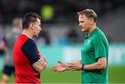 19 October 2019; Ireland head coach Joe Schmidt in conversation with referee Nigel Owens before the 2019 Rugby World Cup Quarter-Final match between New Zealand and Ireland at the Tokyo Stadium in Chofu, Japan. Photo by Ramsey Cardy/Sportsfile