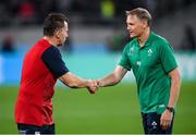 19 October 2019; Ireland head coach Joe Schmidt with referee Nigel Owens before the 2019 Rugby World Cup Quarter-Final match between New Zealand and Ireland at the Tokyo Stadium in Chofu, Japan. Photo by Ramsey Cardy/Sportsfile