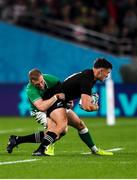 19 October 2019; George Bridge of New Zealand is tackled by Keith Earls of Ireland during the 2019 Rugby World Cup Quarter-Final match between New Zealand and Ireland at the Tokyo Stadium in Chofu, Japan. Photo by Ramsey Cardy/Sportsfile