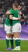 19 October 2019; Peter O'Mahony and Keith Earls of Ireland embrace before the 2019 Rugby World Cup Quarter-Final match between New Zealand and Ireland at the Tokyo Stadium in Chofu, Japan. Photo by Brendan Moran/Sportsfile