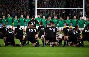 19 October 2019; Ireland squad as New Zealand perform the &quot;Haka&quot; prior to the 2019 Rugby World Cup Quarter-Final match between New Zealand and Ireland at the Tokyo Stadium in Chofu, Japan. Photo by Ramsey Cardy/Sportsfile