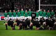 19 October 2019; Ireland squad as New Zealand perform the &quot;Haka&quot; prior to the 2019 Rugby World Cup Quarter-Final match between New Zealand and Ireland at the Tokyo Stadium in Chofu, Japan. Photo by Ramsey Cardy/Sportsfile