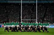 19 October 2019; Ireland squad as New Zealand perform the &quot;Haka&quot; prior to the 2019 Rugby World Cup Quarter-Final match between New Zealand and Ireland at the Tokyo Stadium in Chofu, Japan. Photo by Ramsey Cardy/Sportsfile