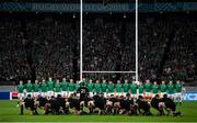 19 October 2019; Ireland squad as New Zealand perform the &quot;Haka&quot; prior to the 2019 Rugby World Cup Quarter-Final match between New Zealand and Ireland at the Tokyo Stadium in Chofu, Japan. Photo by Ramsey Cardy/Sportsfile