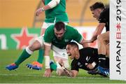 19 October 2019; Aaron Smith of New Zealand celebrates after scoring his side's first try during the 2019 Rugby World Cup Quarter-Final match between New Zealand and Ireland at the Tokyo Stadium in Chofu, Japan. Photo by Juan Gasparini/Sportsfile