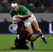 19 October 2019; Robbie Henshaw of Ireland is tackled by Sevu Reece of New Zealand during the 2019 Rugby World Cup Quarter-Final match between New Zealand and Ireland at the Tokyo Stadium in Chofu, Japan. Photo by Brendan Moran/Sportsfile