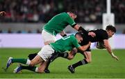 19 October 2019; Beauden Barrett of New Zealand is tackled by Jonathan Sexton of Ireland during the 2019 Rugby World Cup Quarter-Final match between New Zealand and Ireland at the Tokyo Stadium in Chofu, Japan. Photo by Brendan Moran/Sportsfile