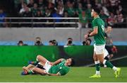 19 October 2019; Jonathan Sexton of Ireland goes down after a tackle by Sam Cane of New Zealand during the 2019 Rugby World Cup Quarter-Final match between New Zealand and Ireland at the Tokyo Stadium in Chofu, Japan. Photo by Brendan Moran/Sportsfile