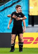 19 October 2019; Beauden Barrett of New Zealand celebrates scoring his side's third try during the 2019 Rugby World Cup Quarter-Final match between New Zealand and Ireland at the Tokyo Stadium in Chofu, Japan. Photo by Juan Gasparini/Sportsfile