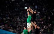 19 October 2019; Peter O'Mahony of Ireland in a line out against Scott Barrett of New Zealand during the 2019 Rugby World Cup Quarter-Final match between New Zealand and Ireland at the Tokyo Stadium in Chofu, Japan. Photo by Ramsey Cardy/Sportsfile