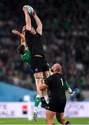 19 October 2019; Scott Barrett of New Zealand in action against Jacob Stockdale of Ireland during the 2019 Rugby World Cup Quarter-Final match between New Zealand and Ireland at the Tokyo Stadium in Chofu, Japan. Photo by Ramsey Cardy/Sportsfile