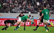 19 October 2019; Jordan Larmour of Ireland is tackled by Richie Mo'unga and Anton Lienert-Brown of New Zealand during the 2019 Rugby World Cup Quarter-Final match between New Zealand and Ireland at the Tokyo Stadium in Chofu, Japan. Photo by Brendan Moran/Sportsfile
