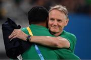 19 October 2019; Ireland head coach Joe Schmidt with Bundee Aki of Ireland after the 2019 Rugby World Cup Quarter-Final match between New Zealand and Ireland at the Tokyo Stadium in Chofu, Japan. Photo by Brendan Moran/Sportsfile