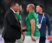 19 October 2019; Ireland captain Rory Best shakes hands with New Zealand head coach Steve Hansen after the 2019 Rugby World Cup Quarter-Final match between New Zealand and Ireland at the Tokyo Stadium in Chofu, Japan. Photo by Brendan Moran/Sportsfile