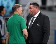 19 October 2019; Ireland head coach Joe Schmidt shakes hands with New Zealand head coach Steve Hansen after the 2019 Rugby World Cup Quarter-Final match between New Zealand and Ireland at the Tokyo Stadium in Chofu, Japan. Photo by Brendan Moran/Sportsfile