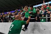 19 October 2019; Rory Best of Ireland with his son Richie during the 2019 Rugby World Cup Quarter-Final match between New Zealand and Ireland at the Tokyo Stadium in Chofu, Japan. Photo by Brendan Moran/Sportsfile