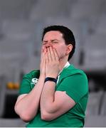 19 October 2019; A dejected Ireland supporter after the 2019 Rugby World Cup Quarter-Final match between New Zealand and Ireland at the Tokyo Stadium in Chofu, Japan. Photo by Brendan Moran/Sportsfile