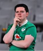 19 October 2019; A dejected Ireland supporter after the 2019 Rugby World Cup Quarter-Final match between New Zealand and Ireland at the Tokyo Stadium in Chofu, Japan. Photo by Brendan Moran/Sportsfile