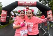 19 October 2019; Participants Debbie McDonald, left, from Dublin, and Linda Farrell from Balbriggan, Co. Dublin, celebrate finishing the Great Pink Run with Glanbia, which took place in Dublin’s Phoenix Park on Saturday, October 19th 2019. Over 10,000 men, women and children took part in both the 10K challenge and the 5K fun run across three locations, raising over €600,000 to support Breast Cancer Ireland’s pioneering research and awareness programmes. The Kilkenny Great Pink Run will take place on Sunday, 20th and the inaugural Chicago run took place on October, 5th in Diversey Harbor. For more information go to www.breastcancerireland.com. Photo by Sam Barnes/Sportsfile