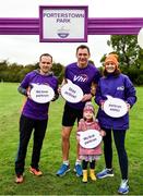 19 October 2019; Vhi ambassador and Olympian David Gillick, centre, with Vhi Staff John Dunne and Niamh Walker, with daughter Lucy, age 3 at the Porterstown parkrun where Vhi hosted a special event to celebrate their partnership with parkrun Ireland. Vhi ambassador and Olympian David Gillick was on hand to lead the warm up for parkrun participants before completing the 5km free event. Parkrunners enjoyed refreshments post event at the Vhi Rehydrate, Relax, Refuel and Reward areas. parkrun in partnership with Vhi support local communities in organising free, weekly, timed 5k runs every Saturday at 9.30am. To register for a parkrun near you visit www.parkrun.ie. Photo by Seb Daly/Sportsfile