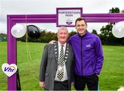 19 October 2019; Vhi ambassador and Olympian David Gillick and Deputy Mayor of Fingal Cllr Tom Kitt are pictured at the Porterstown parkrun where Vhi hosted a special event to celebrate their partnership with parkrun Ireland. Vhi ambassador and Olympian David Gillick was on hand to lead the warm up for parkrun participants before completing the 5km free event. Parkrunners enjoyed refreshments post event at the Vhi Rehydrate, Relax, Refuel and Reward areas. parkrun in partnership with Vhi support local communities in organising free, weekly, timed 5k runs every Saturday at 9.30am. To register for a parkrun near you visit www.parkrun.ie. Photo by Seb Daly/Sportsfile
