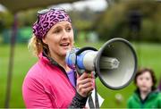 19 October 2019; Julie Dowd, Event Director, speaking to participants at the Porterstown parkrun where Vhi hosted a special event to celebrate their partnership with parkrun Ireland. Vhi ambassador and Olympian David Gillick was on hand to lead the warm up for parkrun participants before completing the 5km free event. Parkrunners enjoyed refreshments post event at the Vhi Rehydrate, Relax, Refuel and Reward areas. parkrun in partnership with Vhi support local communities in organising free, weekly, timed 5k runs every Saturday at 9.30am. To register for a parkrun near you visit www.parkrun.ie. Photo by Seb Daly/Sportsfile