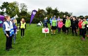 19 October 2019; Joanne Bruen, Run Director, pictured as she speaks to participants at the Porterstown parkrun where Vhi hosted a special event to celebrate their partnership with parkrun Ireland. Vhi ambassador and Olympian David Gillick was on hand to lead the warm up for parkrun participants before completing the 5km free event. Parkrunners enjoyed refreshments post event at the Vhi Rehydrate, Relax, Refuel and Reward areas. parkrun in partnership with Vhi support local communities in organising free, weekly, timed 5k runs every Saturday at 9.30am. To register for a parkrun near you visit www.parkrun.ie. Photo by Seb Daly/Sportsfile